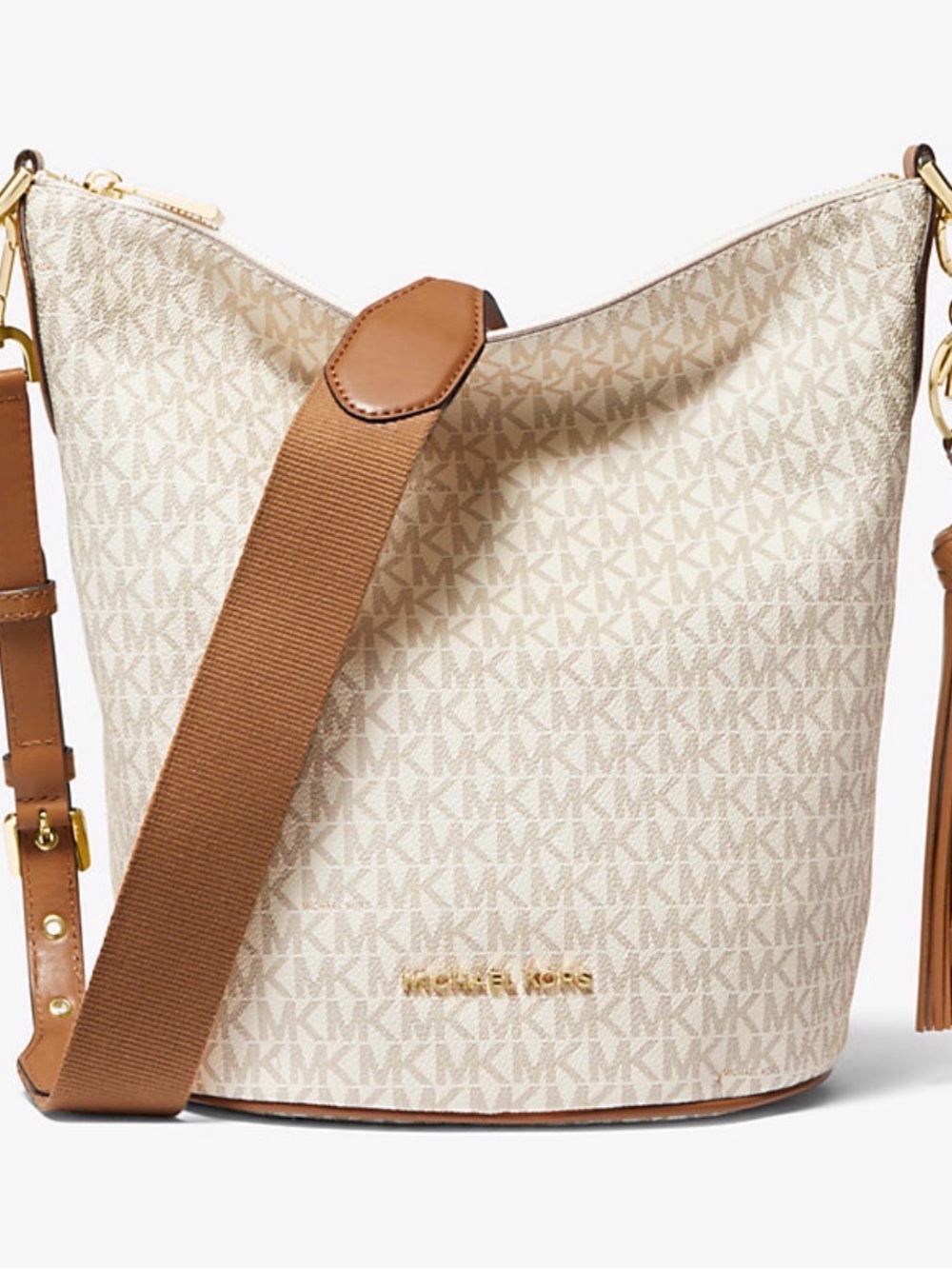 Michael Kors Brooke Medium Bucket Drawstring Bag Zip Close Vanilla & Tan NWT